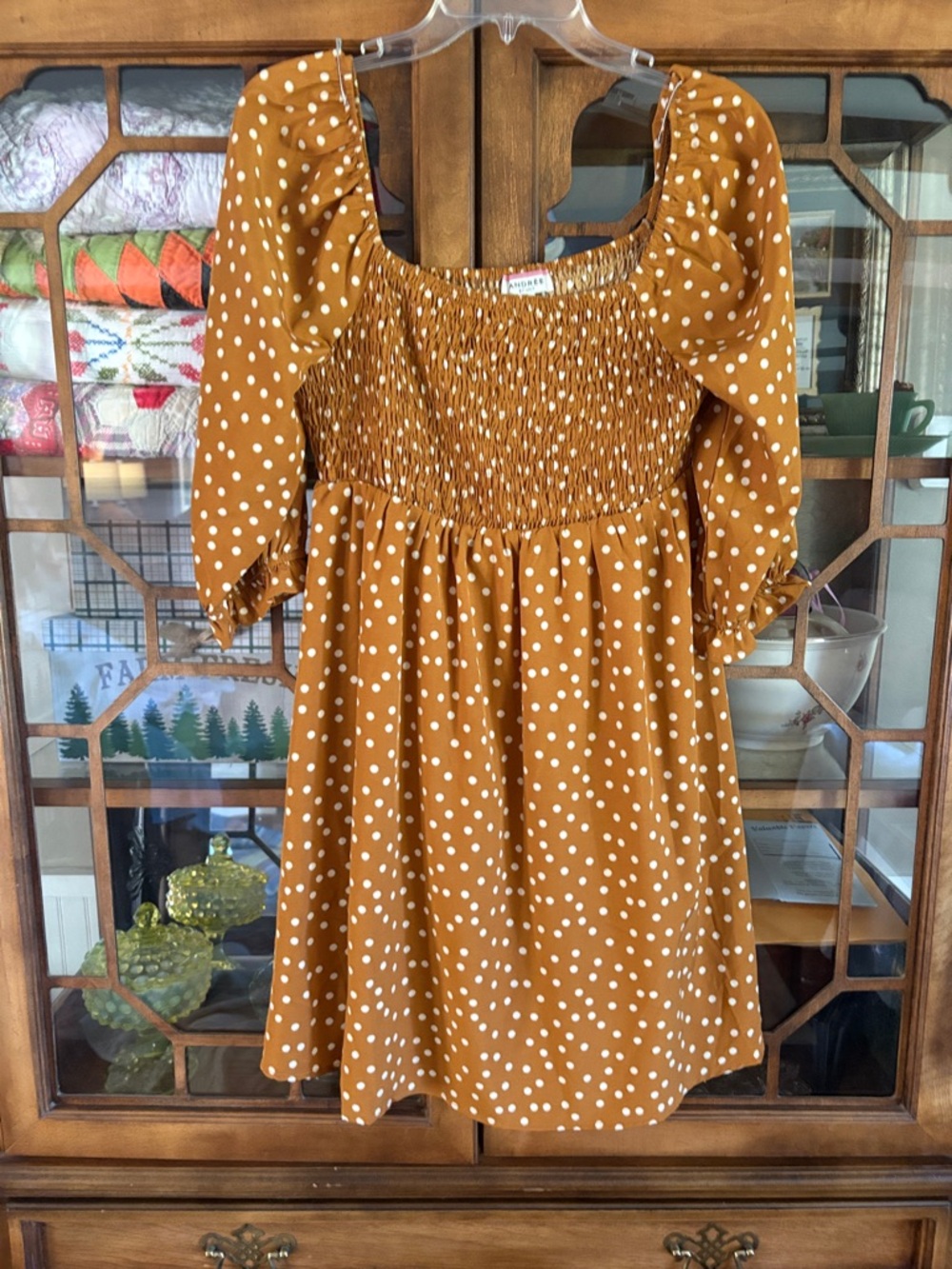 Andree Mustard Polka Dot Smocked Casual Dress